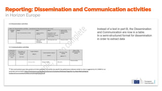Reporting: Dissemination and Communication activities
in Horizon Europe
 