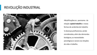 REVOLUÇÃOINDUSTRIAL
•Modificaçõesno panorama da
relação capital-trabalho e novas
formas de acidentes de trabalho
•e doenças profissionais,sendo
consideradas,além das demandas
biológicas,as necessidades
psicológicase sociaisnas relações
de vida e trabalho.
 