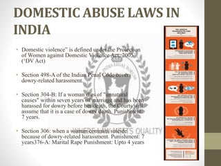 DOMESTIC ABUSE LAWS IN
INDIA
• Domestic violence” is defined under the Protection
of Women against Domestic Violence Act, 2005
(‘DV Act)
• Section 498-A of the Indian Penal Code covers
dowry-related harassment.
• Section 304-B: If a woman dies of "unnatural
causes" within seven years of marriage and has been
harassed for dowry before her death, the Courts will
assume that it is a case of dowry death. Punishment:
7 years.
• Section 306: when a woman commits suicide
because of dowry-related harassment. Punishment: 7
years376-A: Marital Rape Punishment: Upto 4 years
 