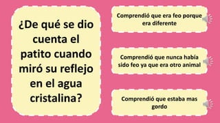 ¿De qué se dio
cuenta el
patito cuando
miró su reflejo
en el agua
cristalina?
Comprendió que era feo porque
era diferente
Comprendió que nunca había
sido feo ya que era otro animal
Comprendió que estaba mas
gordo
 