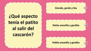 ¿Qué aspecto
tenía el patito
al salir del
cascarón?
Grande, gordo y feo
Patito amarillo y gordito
Pollito amarillo y gordito
 