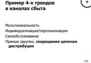 Пример 4-х трендов
в каналах сбыта
Мультиканальность
Индивидуализация/персонализация
Самообслуживание
Прямые закупки, сокращение цепочки
дистрибуции
121
 