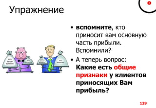 Упражнение
• вспомните, кто
приносит вам основную
часть прибыли.
Вспомнили?
• А теперь вопрос:
Какие есть общие
признаки у клиентов
приносящих Вам
прибыль?
139
 