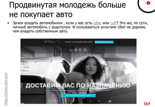 Продвинутая молодежь больше
не покупает авто
• Зачем владеть автомобилем , если у вас есть Uber или Lyft? Это же, по сути,
личный автомобиль с водителем. И пользоваться услугами Uber не дороже,
чем владеть собственным авто.
https://www.uber.com
167
 