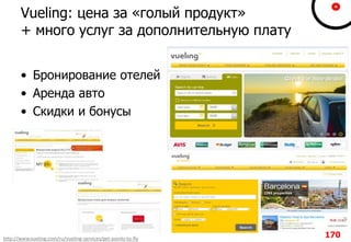 Vueling: цена за «голый продукт»
+ много услуг за дополнительную плату
• Бронирование отелей
• Аренда авто
• Скидки и бонусы
http://www.vueling.com/ru/vueling-services/get-points-to-fly 170
 
