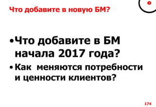 Что добавите в новую БМ?
•Что добавите в БМ
начала 2017 года?
• Как меняются потребности
и ценности клиентов?
174
 