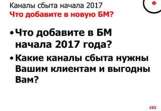 Каналы сбыта начала 2017
Что добавите в новую БМ?
•Что добавите в БМ
начала 2017 года?
• Какие каналы сбыта нужны
Вашим клиентам и выгодны
Вам?
192
 