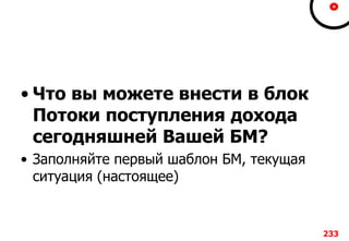 • Что вы можете внести в блок
Потоки поступления дохода
сегодняшней Вашей БМ?
• Заполняйте первый шаблон БМ, текущая
ситуация (настоящее)
233
 