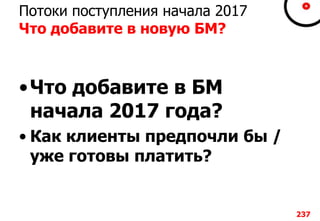 Потоки поступления начала 2017
Что добавите в новую БМ?
•Что добавите в БМ
начала 2017 года?
• Как клиенты предпочли бы /
уже готовы платить?
237
 