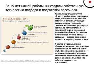 За 15 лет нашей работы мы создали собственную
технологию подбора и подготовки персонала.
Каких я ищу специалистов
«Я хочу, чтобы к нам приходили
люди, которые всегда мечтали
работать с детьми. Это люди-
актеры, люди с горящими
глазами, которые могут сыграть
несколько увлекательных
спектаклей в день для нашей
маленькой публики. Дети верят
и принимают именно таких
взрослых — вместе с ними они
веселятся, играют, познают мир.
Я всегда с удовольствием
общаюсь с каждым, кто приходит
устраиваться на работу в Бэби-
клуб. Самое главное для меня —
мотивация человека: желание
заниматься любимым и важным
делом, уверенность в том, что
работа с детьми — его
призвание».
http://www.baby-club.ru/about-baby-club/staff/what-we-are-looking-for-tutors/
 