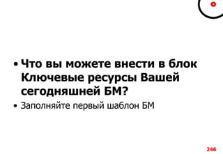 • Что вы можете внести в блок
Ключевые ресурсы Вашей
сегодняшней БМ?
• Заполняйте первый шаблон БМ
246
 