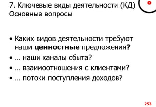 7. Ключевые виды деятельности (КД)
Основные вопросы
• Каких видов деятельности требуют
наши ценностные предложения?
• … наши каналы сбыта?
• … взаимоотношения с клиентами?
• … потоки поступления доходов?
253
 