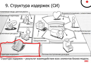 9. Структура издержек (СИ)
282
Структура издержек – результат взаимодействия всех элементов бизнес-модели.
 