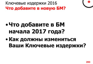 Ключевые издержки 2016
Что добавите в новую БМ?
•Что добавите в БМ
начала 2017 года?
• Как должны измениться
Ваши Ключевые издержки?
293
 