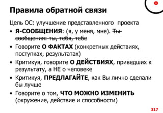 Правила обратной связи
Цель ОС: улучшение представленного проекта
• Я-СООБЩЕНИЯ: (я, у меня, мне). Ты-
сообщения: ты, тебя, тебе
• Говорите О ФАКТАХ (конкретных действиях,
поступках, результатах)
• Критикуя, говорите О ДЕЙСТВИЯХ, приведших к
результату, а НЕ о человеке
• Критикуя, ПРЕДЛАГАЙТЕ, как Вы лично сделали
бы лучше
• Говорите о том, ЧТО МОЖНО ИЗМЕНИТЬ
(окружение, действие и способности)
317
 
