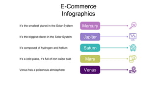 E-Commerce
Infographics
It’s the smallest planet in the Solar System Mercury
It’s a cold place. It’s full of iron oxide dust Mars
It’s the biggest planet in the Solar System Jupiter
It’s composed of hydrogen and helium Saturn
Venus has a poisonous atmosphere Venus
 