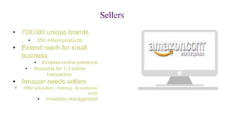 Sellers
• 700,000 unique brands
• 350 million products
• Extend reach for small
business
• Increase online presence
• Accounts for 1:3 online
transaction
• Amazon needs sellers
• Offer education , training , & exclusive
tools
• Inventory management
 