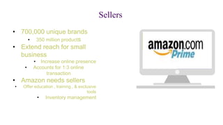 Sellers
• 700,000 unique brands
• 350 million products
• Extend reach for small
business
• Increase online presence
• Accounts for 1:3 online
transaction
• Amazon needs sellers
• Offer education , training , & exclusive
tools
• Inventory management
 