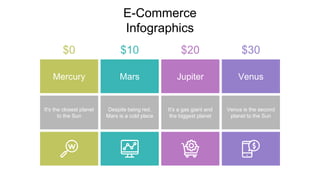 E-Commerce
Infographics
Mercury
It's the closest planet
to the Sun
Mars
Despite being red,
Mars is a cold place
Jupiter
It...