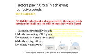 Factors playing role in achieving
adhesive bonds
WETTABILITY
Wettability of a liquid is characterised by the contact angle
between the liquid and the solid as measured within liquid
Categories of wettability include
Mostly non wetting >90 degrees
Absolutely no wetting 180 degrees
Mostly wetting <90 degrees
Absolute wetting 0 degrees
 Contact angles of water on a A)clean glass slab, B) on acrylic surface C) on teflon
The smaller the contact angle between an
adhseive and an adherent the better the ability
of an adhesive to flow into and fill in
irregularities within the surface of adherent.
 