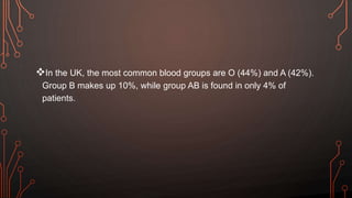 In the UK, the most common blood groups are O (44%) and A (42%).
Group B makes up 10%, while group AB is found in only 4% of
patients.
 