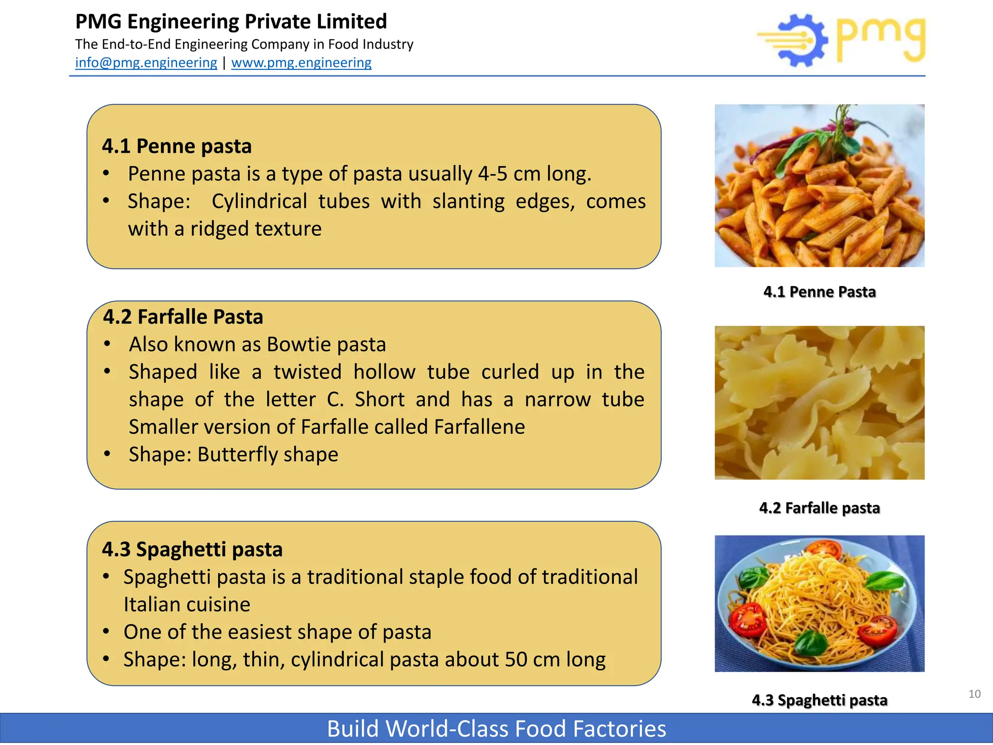 PMG Engineering Private Limited
The End-to-End Engineering Company in Food Industry
info@pmg.engineering | www.pmg.engineering
Build World-Class Food Factories
10
4.1 Penne pasta
• Penne pasta is a type of pasta usually 4-5 cm long.
• Shape: Cylindrical tubes with slanting edges, comes
with a ridged texture
4.2 Farfalle pasta
4.2 Farfalle Pasta
• Also known as Bowtie pasta
• Shaped like a twisted hollow tube curled up in the
shape of the letter C. Short and has a narrow tube
Smaller version of Farfalle called Farfallene
• Shape: Butterfly shape
4.3 Spaghetti pasta
4.3 Spaghetti pasta
• Spaghetti pasta is a traditional staple food of traditional
Italian cuisine
• One of the easiest shape of pasta
• Shape: long, thin, cylindrical pasta about 50 cm long
4.1 Penne Pasta
 