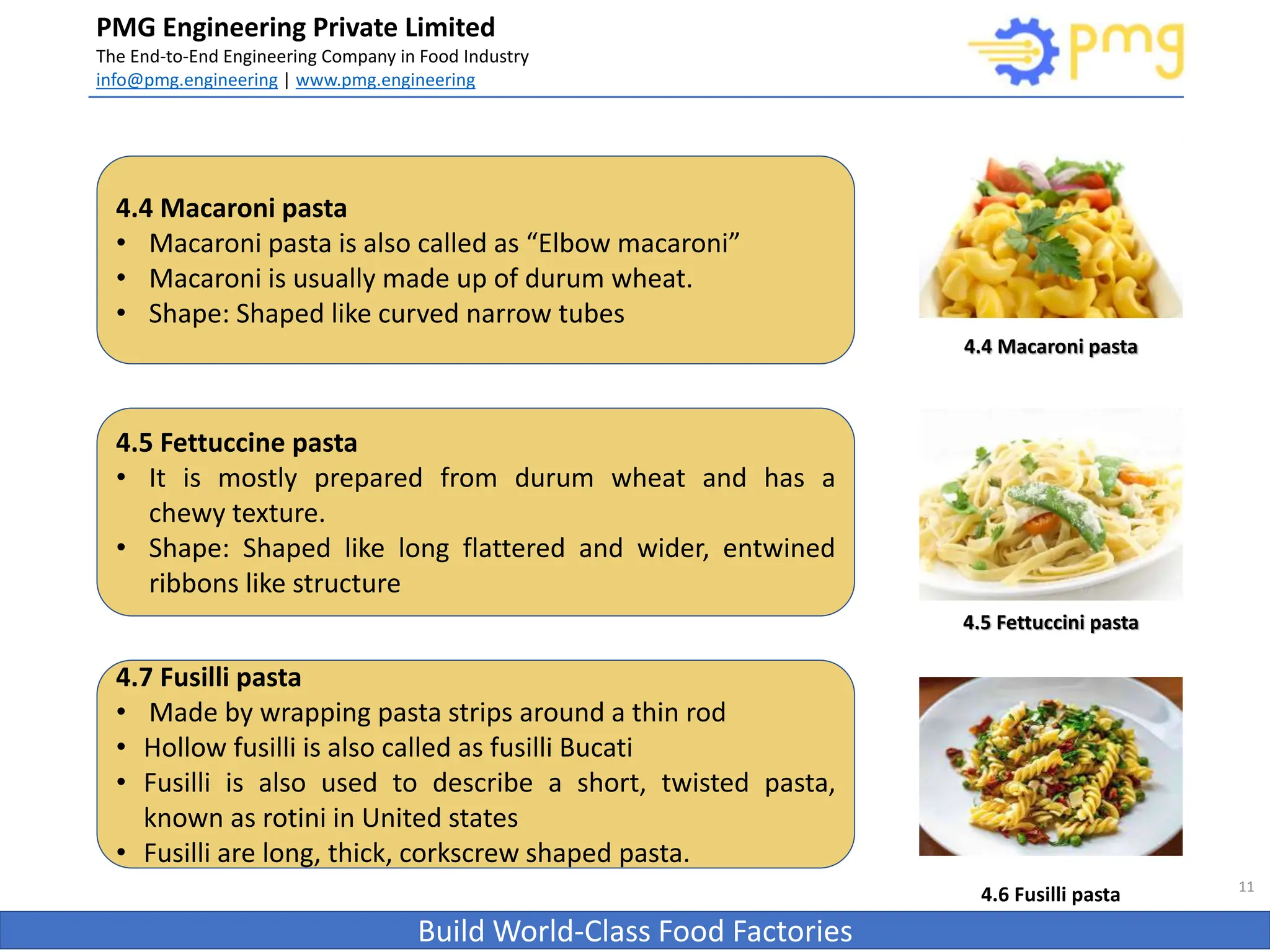 PMG Engineering Private Limited
The End-to-End Engineering Company in Food Industry
info@pmg.engineering | www.pmg.engineering
Build World-Class Food Factories
11
4.4 Macaroni pasta
4.5 Fettuccini pasta
4.6 Fusilli pasta
4.4 Macaroni pasta
• Macaroni pasta is also called as “Elbow macaroni”
• Macaroni is usually made up of durum wheat.
• Shape: Shaped like curved narrow tubes
4.5 Fettuccine pasta
• It is mostly prepared from durum wheat and has a
chewy texture.
• Shape: Shaped like long flattered and wider, entwined
ribbons like structure
4.7 Fusilli pasta
• Made by wrapping pasta strips around a thin rod
• Hollow fusilli is also called as fusilli Bucati
• Fusilli is also used to describe a short, twisted pasta,
known as rotini in United states
• Fusilli are long, thick, corkscrew shaped pasta.
 