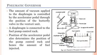 PNEUMATIC GOVERNOR
 The amount of vacuum applied
to the diaphragm is controlled
by the accelerator pedal through
the position of the butterfly
valve in the venturi unit.
 A diaphragm is connected to the
fuel pump control rack.
 Position of the accelerator pedal
also determines the position of
the pump control rack and
hence the amount of fuel
injected.
 