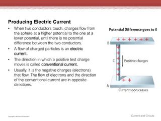 Producing Electric Current
Current and Circuits
Copyright © McGraw-Hill Education
• When two conductors touch, charges flow from
the sphere at a higher potential to the one at a
lower potential, until there is no potential
difference between the two conductors.
• A flow of charged particles is an electric
current.
• The direction in which a positive test charge
moves is called conventional current.
• Usually, it is the negative charges (electrons)
that flow. The flow of electrons and the direction
of the conventional current are in opposite
directions.
 