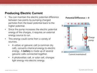 Producing Electric Current
Current and Circuits
Copyright © McGraw-Hill Education
• You can maintain the electric potential difference
between two points by pumping charged
particles from the lower potential back to the
higher potential.
• Since the pump increases the electric potential
energy of the charges, it requires an external
energy source to run.
• This energy could come from a variety of
sources.
• A voltaic or galvanic cell (a common dry
cell), converts chemical energy to electric
energy. A battery is made up of several
galvanic cells connected together.
• A photovoltaic cell, or solar cell, changes
light energy into electric energy.
 