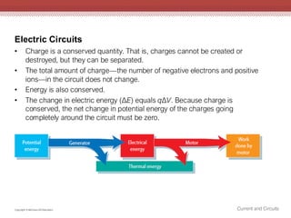 Electric Circuits
Current and Circuits
Copyright © McGraw-Hill Education
• Charge is a conserved quantity. That is, charges cannot be created or
destroyed, but they can be separated.
• The total amount of charge—the number of negative electrons and positive
ions—in the circuit does not change.
• Energy is also conserved.
• The change in electric energy (ΔE) equals qΔV. Because charge is
conserved, the net change in potential energy of the charges going
completely around the circuit must be zero.
 