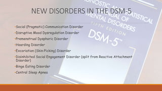 NEW DISORDERS IN THE DSM-5
•Social (Pragmatic) Communication Disorder
•Disruptive Mood Dysregulation Disorder
•Premenstrual Dysphoric Disorder
•Hoarding Disorder
•Excoriation (Skin‐Picking) Disorder
•Disinhibited Social Engagement Disorder (split from Reactive Attachment
Disorder)
•Binge Eating Disorder
•Central Sleep Apnea
 