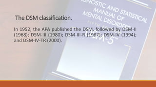 The DSM classification.
In 1952, the APA published the DSM, followed by DSM-II
(1968); DSM-III (1980); DSM-III-R (1987); DSM-IV (1994);
and DSM-IV-TR (2000).
 