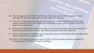 6) The changes in the DSM 5 definition of Autism will result in lowered rates-
perhaps by 50% according to outside research groups.
7) First time substance abusers will be lumped in definitionally with hard core
addicts despite their very different treatment needs and prognosis and the
stigma this will cause.
8) Behavioral Addictions that eventually can spread to make a mental disorder of
everything we like to do a lot. Eg; New proposed internet addiction
9) DSM 5 obscures the already fuzzy boundary been Generalized Anxiety Disorder
and the worries of everyday life.
10) DSM 5 has opened the gate even further to the already existing problem of
misdiagnosis of PTSD in forensic settings.
 