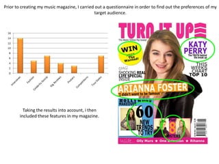 Prior to creating my music magazine, I carried out a questionnaire in order to find out the preferences of my
                                              target audience.




          Taking the results into account, i then
        included these features in my magazine.
 