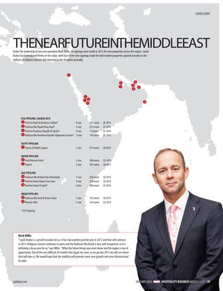 COVER STORY




THENEARFUTUREINTHEMIDDLEEAST
Under the leadership of area vice president Mark Willis, six signings were made in 2012 for new properties across the region. Saudi
Arabia has been placed firmly on the radar, with four of the new signings made for mid-market properties geared towards to the
millions of religious tourists that descend on the Kingdom annually



                                                        5



                                                                                                              6           8
                                                                                                                     9
                                                                                                              7                11
                                                                                                                     10



                                                                          3
                                                                                  2
                                                                          1
                                                                                                                                    12
                                                                              4




       KSA PIPELINE, SIGNED 2012
        1
          Park Inn Hotel & Residence Jeddah*		                  4-star	               350 rooms 	   Q1 2015
        2
          Radisson Blu Riyadh Ring Road*		                      5-star	               252 rooms 	   Q1 2016
        3
          Park Inn Residence Riyadh Al Sahafa*		                4-star	               17 rooms	     Q1 2016
        4
          Radisson Blu Residence Riyadh’s Diplomatic Quarter* 	 5-star	               110 rooms	    Q1 2016

       EGYPT PIPELINE
        5
          Sharm el Sheikh Lagoon			                             5-star	               913 rooms	    Q4 2013

       QATAR PIPELINE
        6
          Hotel Missoni Doha*			                                5-star	               300 rooms	    Q1 2015
        7
          Regent 				                                           5-star	               365 rooms	    Q4 2013

       UAE PIPELINE
         8
           Radisson Blu Al Qurm Ras Al Khaimah		                5-star	               250 rooms	    Q2 2014
         9
           Park Inn Dubai Airport Free Zone		                   4-star	               310 rooms	    Q2 2014
        10
           Park Inn Dubai Al Jadaf*			                          4-star	               300 rooms	    Q1 2016

       OMAN PIPELINE
        11
           Radisson Blu Hotel & Resort Sohar		                  5-star	               162 rooms	    Q4 2013
        12
           Missoni Sifah			                                     5-star	               250 rooms	    Q2 2014

       *2012 signings




     Mark Willis
     “Saudi Arabia is a growth location for us. It has had another positive year in 2012 and that will continue
     in 2013. Religious tourism continues to grow and the Radisson Blu brand is very well recognised, so it is
     definitely a focus area for us,” says Willis. “What the future brings you never know and the region is one of
     opportunity. Out of the very difficult 24 months that Egypt has seen, as we go into 2013 we will see where
     that will take us. We would hope that the stability will promote some new growth and new infrastructure,”
     he adds.




cpidubai.com                                                                                                                  JANUARY 2013   HOSPITALITY BUSINESS MIDDLE EAST � 29
 