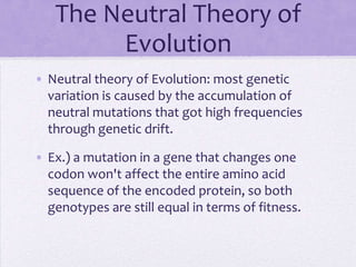 The Neutral Theory of
        Evolution
• Neutral theory of Evolution: most genetic
  variation is caused by the accumulation of
  neutral mutations that got high frequencies
  through genetic drift.

• Ex.) a mutation in a gene that changes one
  codon won't affect the entire amino acid
  sequence of the encoded protein, so both
  genotypes are still equal in terms of fitness.
 