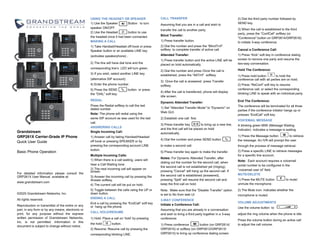Grandstream
GRP261X Carrier-Grade IP Phone
Quick User Guide
Basic Phone Operation
For detailed information please consult the
GRP261X User Manual available at:
www.grandstream.com
©2020 Grandstream Networks, Inc.
All rights reserved.
Reproduction or transmittal of the entire or any
part, in any form or by any means, electronic or
print, for any purpose without the express
written permission of Grandstream Networks,
Inc. is not permitted. Information in this
document is subject to change without notice.
USING THE HEADSET OR SPEAKER
1) Use the Speaker Button to turn
speaker ON/OFF.
2) Use the Headset button to use
the headset once it had been connected.
MAKING A CALL
1) Take Handset/Headset off-hook or press
Speaker button or an available LINE key
(activates speakerphone) .
2) The line will have dial tone and the
corresponding line’s LED will turn green.
3) If you wish, select another LINE key
(alternative SIP account).
4) Enter the phone number.
5) Press the SEND button or press
the “DIAL” soft key.
REDIAL
Press the Redial softkey to call the last
dialed number.
Note: The phone will redial using the
same SIP account as was used for the last
call.
ANSWERING CALLS
Single Incoming Call:
1) Answer call by taking Handset/Headset
off hook or pressing SPEAKER or by
pressing the corresponding account LINE
button.
Multiple Incoming Calls:
1) When there is a call waiting, users will
hear a Call Waiting tone .
2) The next incoming call will appear on
screen.
3) Answer the incoming call by pressing the
Answer softkey.
4) The current call will be put on hold.
5) Toggle between the calls using the UP or
down button.
ENDING A CALL
End a call by pressing the “EndCall” soft key
or hang up the phone.
CALL HOLD/RESUME
1) Hold: Place a call on ‘hold’ by pressing
the hold button.
2) Resume: Resume call by pressing the
corresponding blinking LINE.
CALL TRANSFER
Assuming that you are in a call and wish to
transfer the call to another party.
Blind Transfer:
1) Press transfer button.
2) Dial the number and press the “BlindTrnf”
softkey to complete transfer of active call.
Attended Transfer:
1) Press transfer button and the active LINE will be
placed on hold automatically.
2) Dial the number and press Once the call is
established, press the “AttTrnf” softkey.
3) Once the call is answered press Transfer
softkey.
4) After the call is transferred, phone will display
idle screen.
Dynamic Attended Transfer:
1) Set "Attended Transfer Mode" to "Dynamic" on
Web GUI.
2) Establish one call first.
3) Press transfer key to bring up a new line,
and the first call will be placed on hold
automatically.
4) Dial the number and press SEND button
to make a second call.
5) Press transfer key again to make the transfer.
Notes: For Dynamic Attended Transfer, after
dialing out the number for the second call, when
the second call is not established yet (ringing),
pressing “Cancel” will hang up the second call. If
the second call is established (answered),
pressing “Split” will resume the second call and
keep the first call on hold.
Note: Make sure that the “Disable Transfer” option
is set to No from web UI.
3-WAY CONFERENCE
Initiate a Conference Call:
Assuming that you are already in a conversation
and wish to bring a third party together in a 3-way
conference.
1) Press conference button (on GRP2614/
GRP2616) or softkey (on GRP2612/GRP2613/
GRP2615) to bring up conference dialing screen.
2) Dial the third party number followed by
SEND key.
3) When the call is established to the third
party, press the “ConfCall” softkey (or
"Conference" button on GRP2614/GRP2616)
to initiate 3-way conference.
Cancel a Conference Call:
1) Press “Kick” soft key in conference dialing
screen to remove one party and resume the
two-way conversation.
Hold The Conference:
1) Press hold button to hold the
conference call with all parties are on hold;
2) Press “ReConf” soft key to resume
conference call; or select the corresponding
blinking LINE to speak with an individual party.
End The Conference:
The conference will be terminated for all three
parties if the conference initiator hangs up or
presses “EndCall” soft key.
VOICEMAIL MESSAGE
A blinking green MWI (Message Waiting
Indicator) indicates a message is waiting.
1) Press the Message button to retrieve
the message. An IVR will prompt the user
through the process of message retrieval.
2) Press a specific LINE to retrieve messages
for a specific line account.
Note: Each account requires a voicemail
portal number to be configured in the
“voicemail user id” field.
MUTE/DELETE
1) Press the MUTE button to mute/
unmute the microphone.
2) The Mute icon indicates whether the
microphone is muted.
VOLUME ADJUSTMENTS
Use the volume button to
adjust the ring volume when the phone is idle.
Press the volume button during an active call
to adjust the call volume.
 