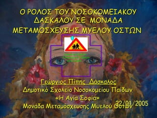 Ο ΡΟΛΟΣ ΤΟΥ ΝΟΣΟΚΟΜΕΙΑΚΟΥ
ΔΑΣΚΑΛΟΥ ΣΕ ΜΟΝΑΔΑ
ΜΕΤΑΜΟΣΧΕΥΣΗΣ ΜΥΕΛΟΥ ΟΣΤΩΝ

Γεώργιος Πίπης Δάσκαλος
Δημοτικό Σχολείο Νοσοκομε...