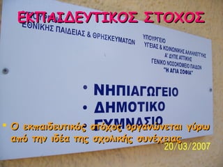 ΕΚΠΑΙΔΕΥΤΙΚΟΣ ΣΤΟΧΟΣ

 Ο εκπαιδευτικός στόχος οργανώνεται γύρω
από την ιδέα της σχολικής συνέχειας

 