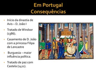 • Início da dinastia de
Avis – D. João I
• Tratado deWindsor
(1386).
• Casamento de D. João
com a princesa Filipa
de Lencastre
• Burguesia – maior
influência política.
• Tratado de paz com
Castela (1411).
 