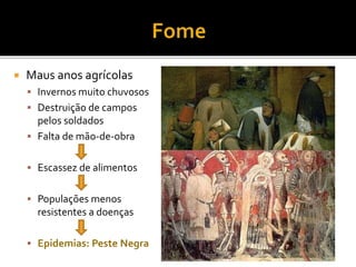  Maus anos agrícolas
 Invernos muito chuvosos
 Destruição de campos
pelos soldados
 Falta de mão-de-obra
 Escassez de alimentos
 Populações menos
resistentes a doenças
 Epidemias: Peste Negra
 