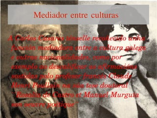 Mediador entre culturas

A Carlos Casares ténselle recoñecido unha 
 función mediadora entre a cultura galega 
 e outras nacionalidades, como por  
 exemplo ao descalificar as afirmacións 
 sostidas polo profesor francés Claude 
 Henri Poullain na súa tese doutoral 
 ``Rosalía de Castro et Manuel Murguía 
 son oeuvre poétique´´
 