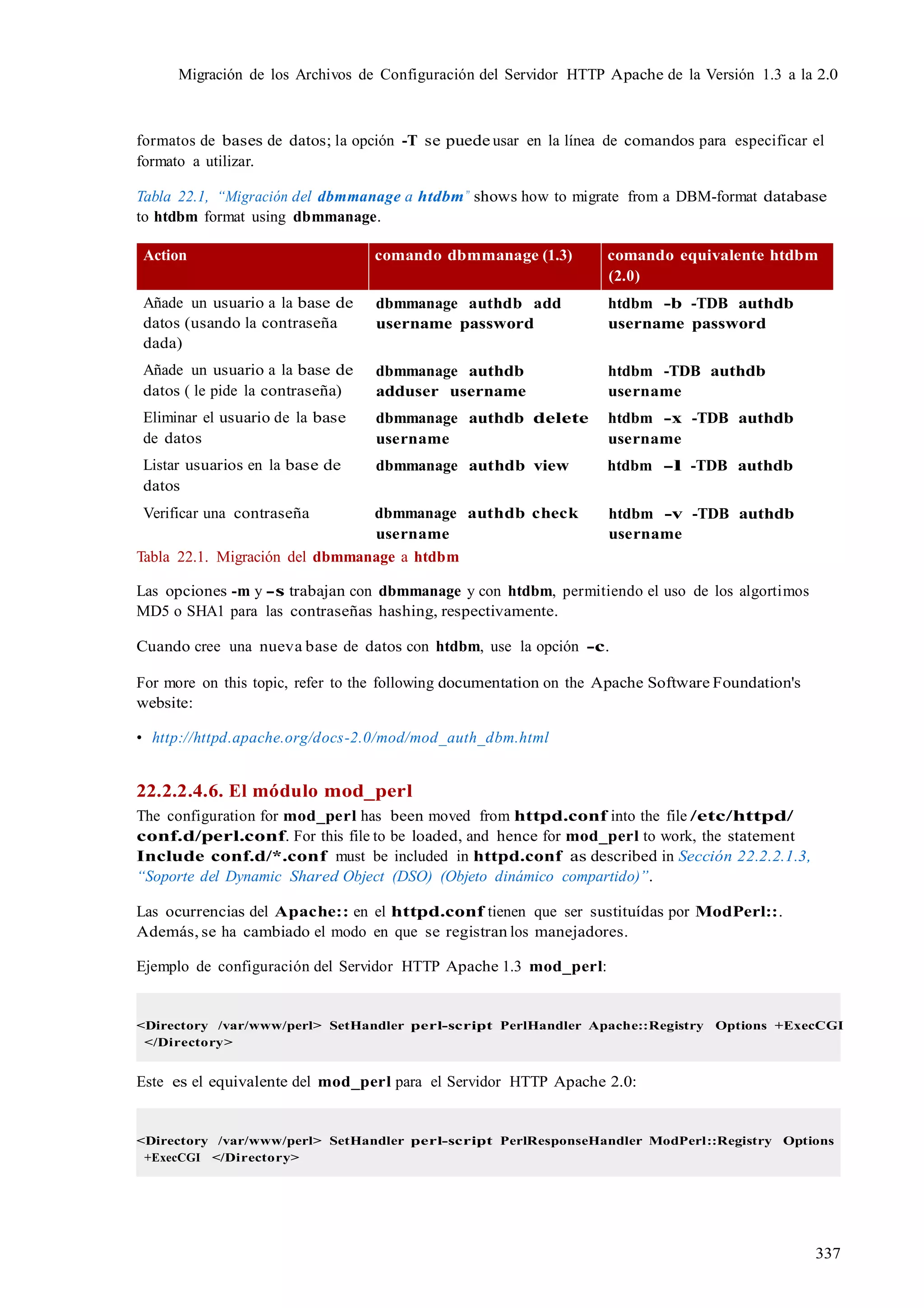 337
Migración de los Archivos de Configuración del Servidor HTTP Apache de la Versión 1.3 a la 2.0
formatos de bases de datos; la opción -T se puede usar en la línea de comandos para especificar el
formato a utilizar.
Tabla 22.1, “Migración del dbmmanage a htdbm” shows how to migrate from a DBM-format database
to htdbm format using dbmmanage.
Action comando dbmmanage (1.3) comando equivalente htdbm
(2.0)
Añade un usuario a la base de
datos (usando la contraseña
dada)
Añade un usuario a la base de
datos ( le pide la contraseña)
Eliminar el usuario de la base
de datos
dbmmanage authdb add
username password
dbmmanage authdb
adduser username
dbmmanage authdb delete
username
htdbm -b -TDB authdb
username password
htdbm -TDB authdb
username
htdbm -x -TDB authdb
username
Listar usuarios en la base de
datos
dbmmanage authdb view htdbm -l -TDB authdb
Verificar una contraseña dbmmanage authdb check
username
Tabla 22.1. Migración del dbmmanage a htdbm
htdbm -v -TDB authdb
username
Las opciones -m y -s trabajan con dbmmanage y con htdbm, permitiendo el uso de los algortimos
MD5 o SHA1 para las contraseñas hashing, respectivamente.
Cuando cree una nueva base de datos con htdbm, use la opción -c.
For more on this topic, refer to the following documentation on the Apache Software Foundation's
website:
• http://httpd.apache.org/docs-2.0/mod/mod_auth_dbm.html
22.2.2.4.6. El módulo mod_perl
The configuration for mod_perl has been moved from httpd.conf into the file /etc/httpd/
conf.d/perl.conf. For this file to be loaded, and hence for mod_perl to work, the statement
Include conf.d/*.conf must be included in httpd.conf as described in Sección 22.2.2.1.3,
“Soporte del Dynamic Shared Object (DSO) (Objeto dinámico compartido)”.
Las ocurrencias del Apache:: en el httpd.conf tienen que ser sustituídas por ModPerl::.
Además, se ha cambiado el modo en que se registran los manejadores.
Ejemplo de configuración del Servidor HTTP Apache 1.3 mod_perl:
<Directory /var/www/perl> SetHandler perl-script PerlHandler Apache::Registry Options +ExecCGI
</Directory>
Este es el equivalente del mod_perl para el Servidor HTTP Apache 2.0:
<Directory /var/www/perl> SetHandler perl-script PerlResponseHandler ModPerl::Registry Options
+ExecCGI </Directory>
 