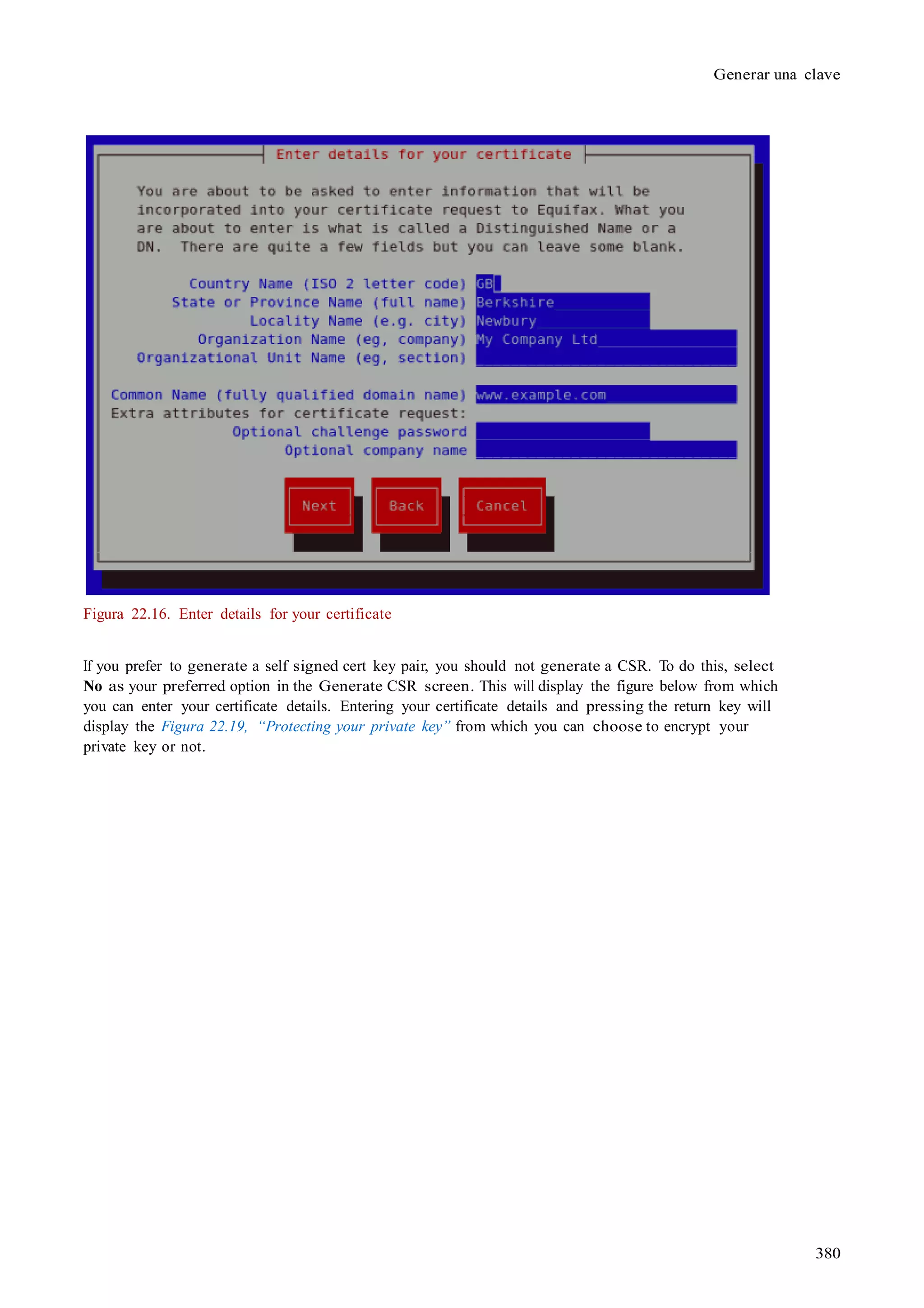 380
Generar una clave
Figura 22.16. Enter details for your certificate
If you prefer to generate a self signed cert key pair, you should not generate a CSR. To do this, select
No as your preferred option in the Generate CSR screen. This will display the figure below from which
you can enter your certificate details. Entering your certificate details and pressing the return key will
display the Figura 22.19, “Protecting your private key” from which you can choose to encrypt your
private key or not.
 