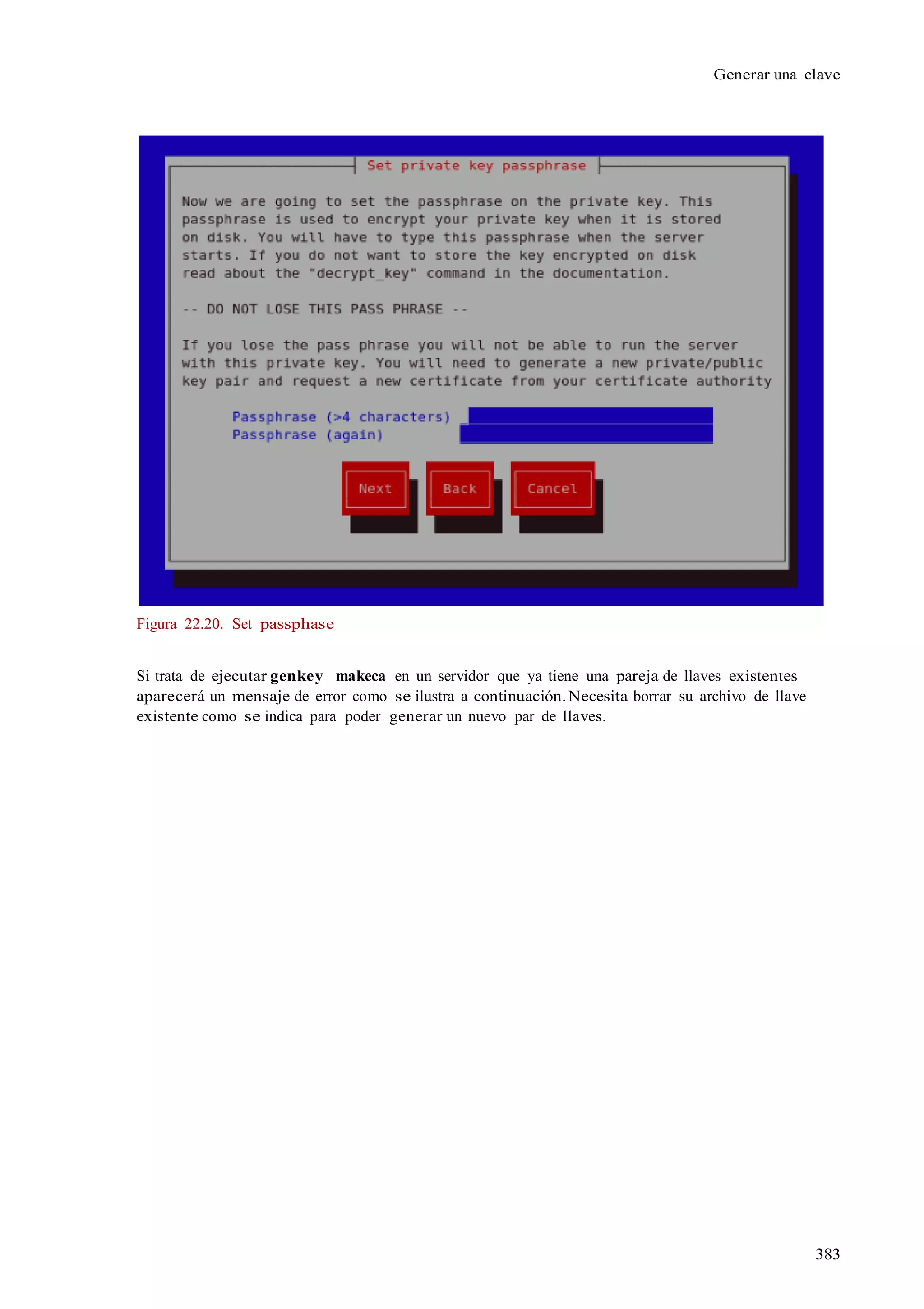 383
Generar una clave
Figura 22.20. Set passphase
Si trata de ejecutar genkey makeca en un servidor que ya tiene una pareja de llaves existentes
aparecerá un mensaje de error como se ilustra a continuación.Necesita borrar su archivo de llave
existente como se indica para poder generar un nuevo par de llaves.
 