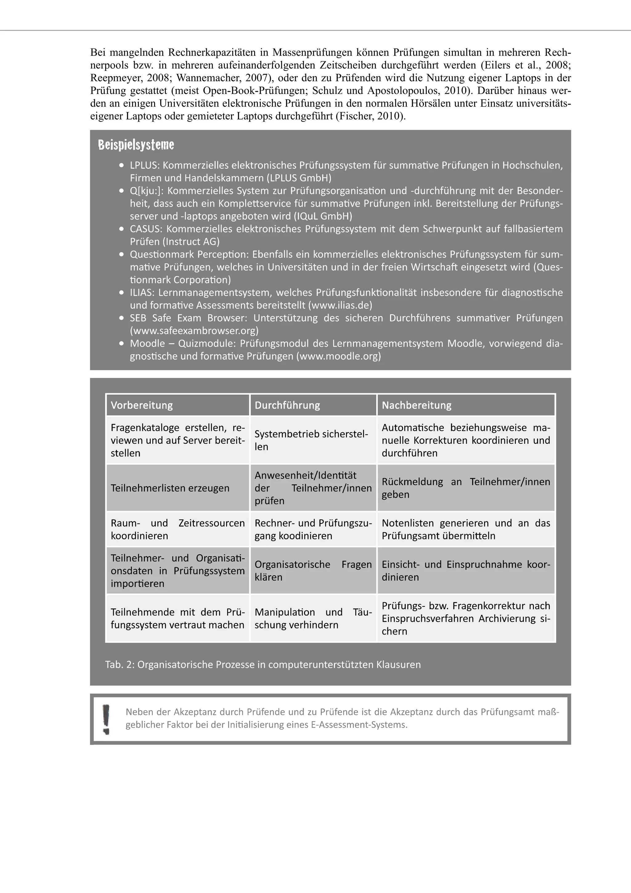 Bei mangelnden Rechnerkapazitäten in Massenprüfungen können Prüfungen simultan in mehreren Rech-
nerpools bzw. in mehreren aufeinanderfolgenden Zeitscheiben durchgeführt werden (Eilers et al., 2008;
Reepmeyer, 2008; Wannemacher, 2007), oder den zu Prüfenden wird die Nutzung eigener Laptops in der
Prüfung gestattet (meist Open-Book-Prüfungen; Schulz und Apostolopoulos, 2010). Darüber hinaus wer-
den an einigen Universitäten elektronische Prüfungen in den normalen Hörsälen unter Einsatz universitäts-
eigener Laptops oder gemieteter Laptops durchgeführt (Fischer, 2010).
 