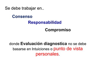 donde  Evaluación diagnostica  no se debe basarse en Intuiciones o  punto de vista personales . Se debe trabajar en.. Consenso Responsabilidad Compromiso 