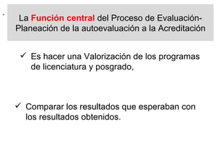 .  Es hacer una Valorización de los programas de licenciatura y posgrado, Comparar los resultados que esperaban con los resultados obtenidos. La  Función central  del Proceso de Evaluación-Planeación de la autoevaluación a la Acreditación 