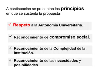 A continuación se presentan los  principios  en que se sustenta la propuesta Respeto   a la  Autonomía Universitaria. Reconocimiento  de   compromiso social. Reconocimiento  de la  Complejidad  de la  Institución. Reconocimiento  de   las  necesidades  y  posibilidades. 